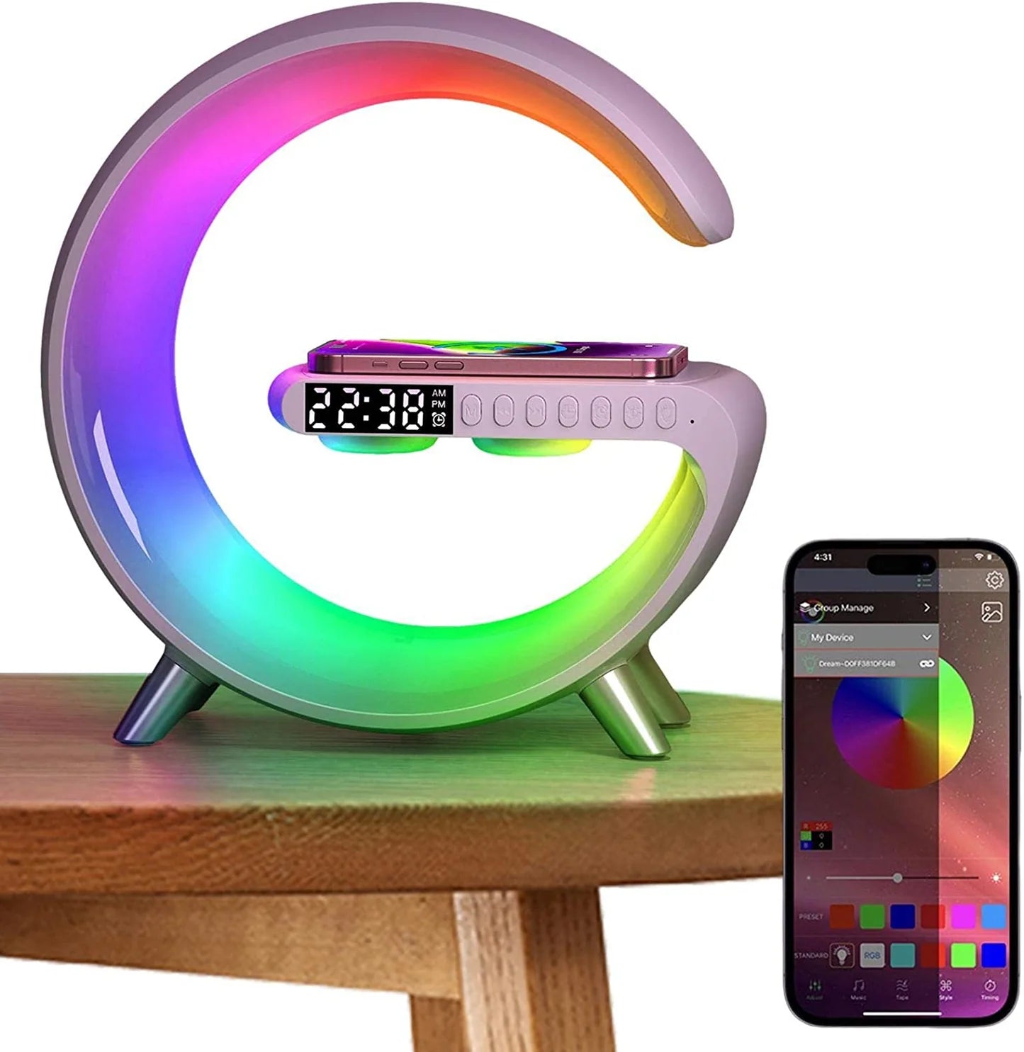 4-in-1 Smart G-Shape LED Lamp – Wireless Charger, Bluetooth Speaker & Alarm Clock