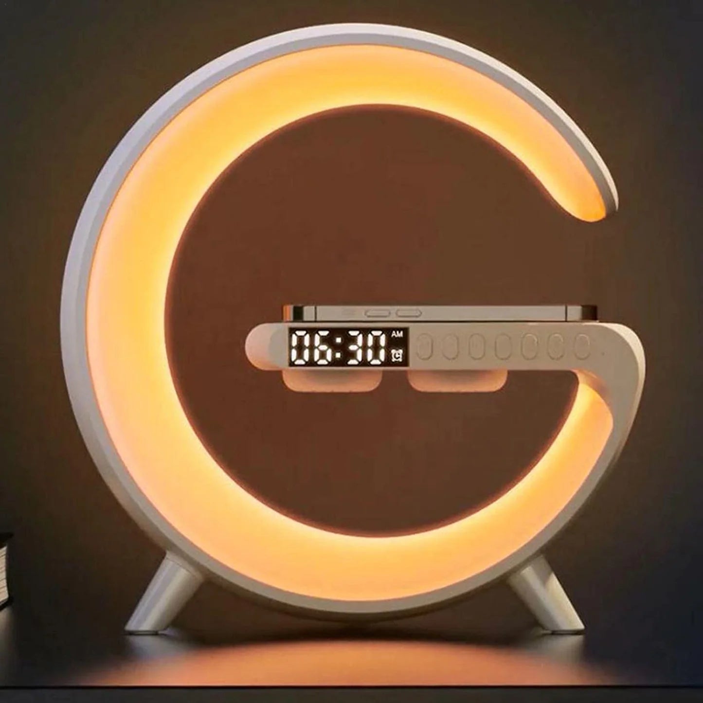 4-in-1 Smart G-Shape LED Lamp – Wireless Charger, Bluetooth Speaker & Alarm Clock